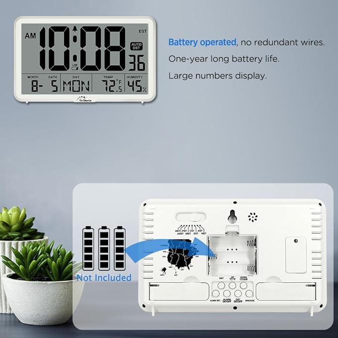 WallarGe Auto Set Digital Wall Clock Battery Operated, Desk Clocks with Temperature, Humidity and Date, Large Display Digital Calendar Alarm Clock for Elderly, Bedroom, Office, 8 Time Zone, Auto DST.