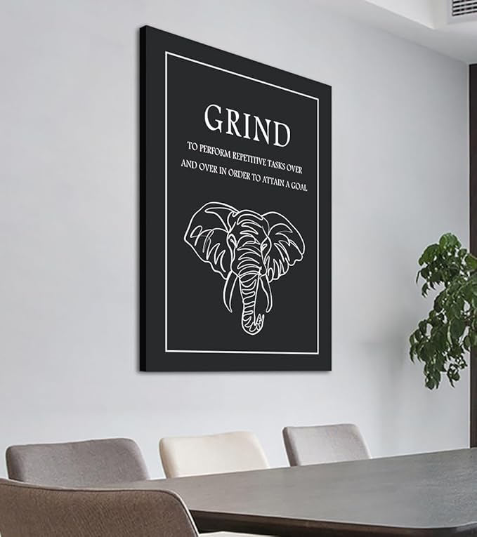 Grind Inspirational Wall Art - Black and White Elephant Head Canvas Print with Encouraging Quote, Success Painting Motivational Quotes Wall Decor for Office Home Gym Living Room, Framed 28"x44"
