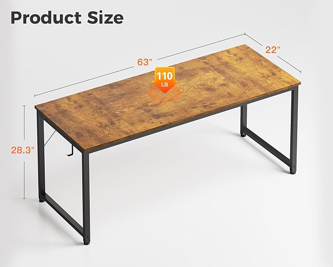 Casaottima 63 Inch Computer Desk for Home Office, Study Writing Table for Small Spaces, Simple Modern Desk with Headphone Hooks, Rustic Brown