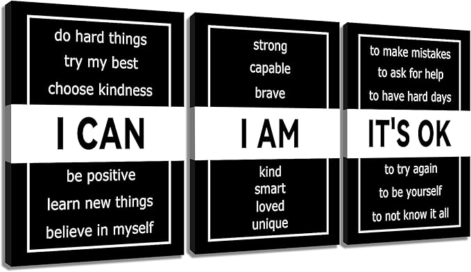 3 Panel Inspirational Canvas Wall Art Print I Can I Am It's OK Motivational Quotes Office Decor Poster Painting Inspiring Artwork for Home Living Room School Hallway Ready to Hang [60''Wx 28''H]