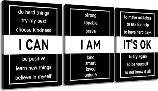 3 Panel Inspirational Canvas Wall Art Print I Can I Am It's OK Motivational Quotes Office Decor Poster Painting Inspiring Artwork for Home Living Room School Hallway Ready to Hang [60''Wx 28''H]