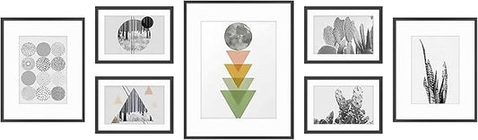 Golden State Art, Aluminum Gallery Wall Frame Set of 7 - Includes One 11x14, Two 8x10, and Four 5x7 - Metal Frames with Mat & Real Glass Cover for Elegant Home or Office Decor (Style 2, Black)