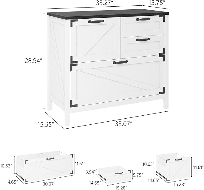 Lateral File Cabinet with 4 Drawers Farmhouse File Cabinet for Letter/Legal/A4 Size Hanging Files, Large Wood File Storage Cabinets Printer Stand for Home Office Cabinet, White and Black