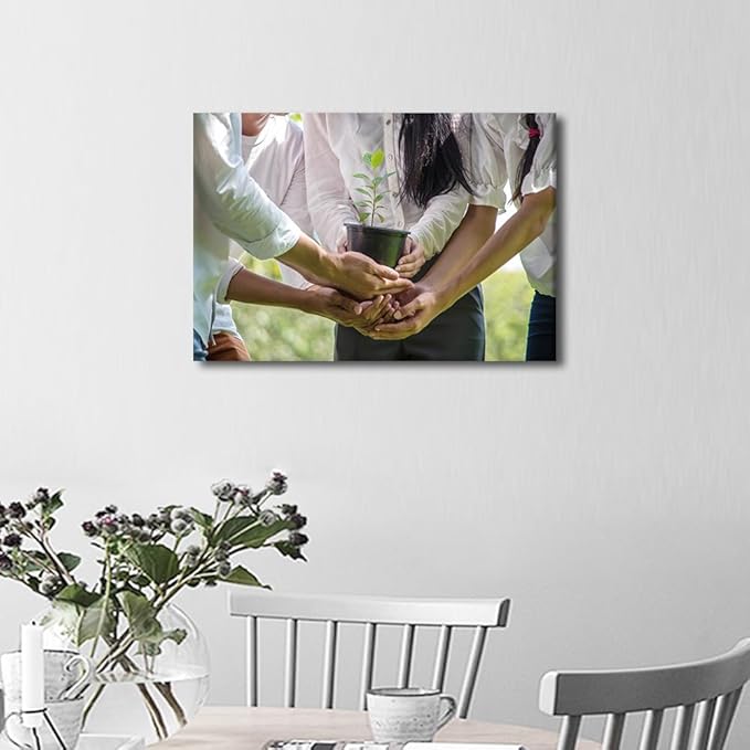 1 Panel Canvas Wall Art A Group Of People Holding Potted Plants In The Park Teamwork Concept Pictures Modern Decor Poster Canvas Print Frame Ready To Hang (12"Wx18"H)