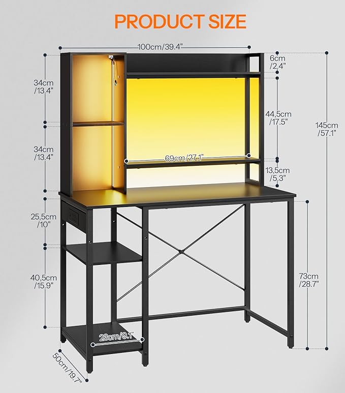 HOOBRO Computer Desk, Small Gaming Desk with LED and Outlets, Home Office Desk with Monitor Stand and Adjustable Shelf, Computer Desk with CPU Stand for Home Office, Small Space, Black BB100UDDN01