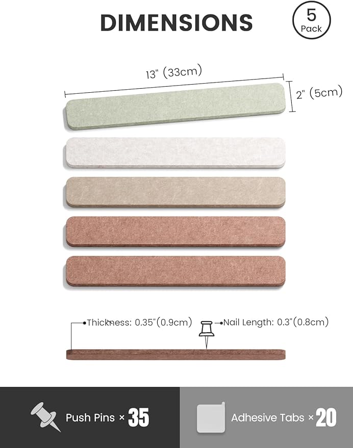Fluxynara Cork Board Alternative Felt Strip Board 5-Pack 13"x2", Office Pin Board with 35 Push Pins, Adhesive Install for Bedroom Door & Home Office(Boho)