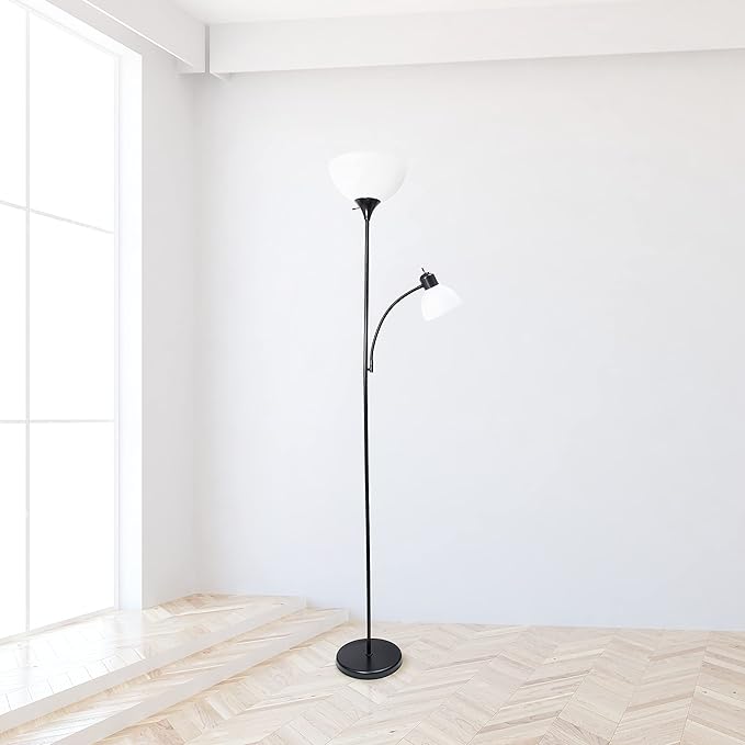 Simple Designs LF2000-BLK-2PK 2 Light Mother Daughter Floor Lamp with Reading Light, 2 Pk Black, 71.5"