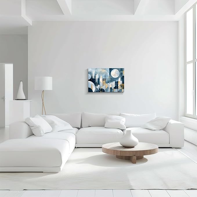 gaosoul Modern Abstract Canvas Wall Art Blue Artistic Cityscape Geometry Paintings Framed Minimalism Stylish Artwork Prints for Living Room Bedroom Office Decor 24x16in