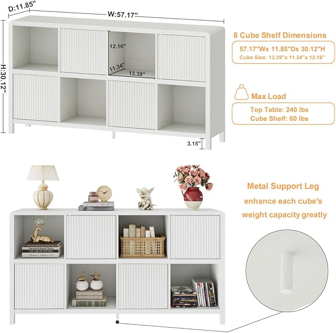 FATORRI Bookcase 8 Cube Storage Organizer, Horizontal Bookshelf with 4 Doors, Long Wooden Book Shelf for Living Room, Home Office (Antique White)