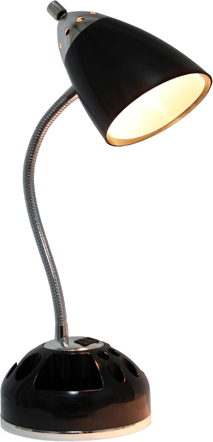Simple Designs LD1015-BLK-LB 19.5" Flossy Organizer Desk Lamp with Charging Outlet Lazy Susan Base and LEB Bulb, Black