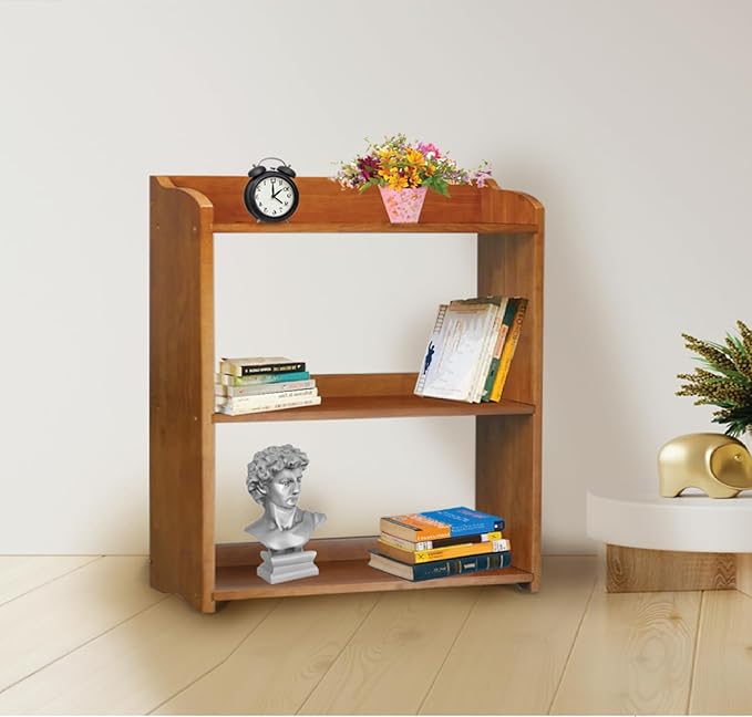 Narrow Bookcase by Natural Wood, 4 Tier Bookshelf, Small Book Shelves Freestanding Display Storage Shelves. Open Bookshelf for Bedroom, Living Room and Office (Brown, 3 Tier Simple)