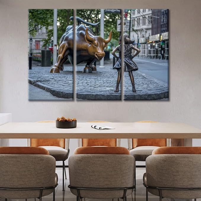 TUMOVO 3 Piece Canvas Wall Art Wall Street Bull and Fearless Girl Picture Printing Modern Artwork Room Decorations Motivational Wall Art Stretched and Framed Ready to Hang - 60" Wx40 H