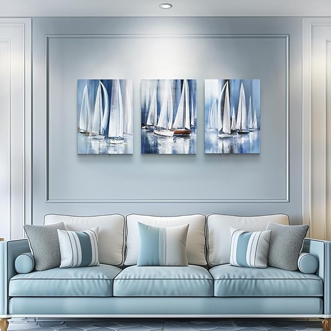 3 Piece Framed canvas wall art for living room bathroom bedroom Wall Art Decor Ocean landscape sailboat abstract Canvas painting Ready to Hang Office Home Decoration sea poster Pictures Wall Artworks