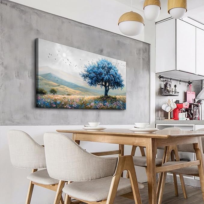 KELIYUAN Farmhouse Wall Art For Dining Room Canvas Wall Decor For Bedroom Office Modern Field Scenery Wall Painting Blue Trees Pictures Aesthetic living room Home Decor Posters Artwork 20x40 In