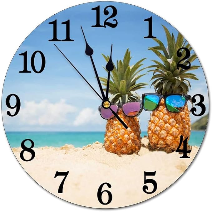 Funny Pineapples on sea Beach Wall Clock Battery Operated Silent Round Clock Wall Decor for Home Office School, 12 Inch
