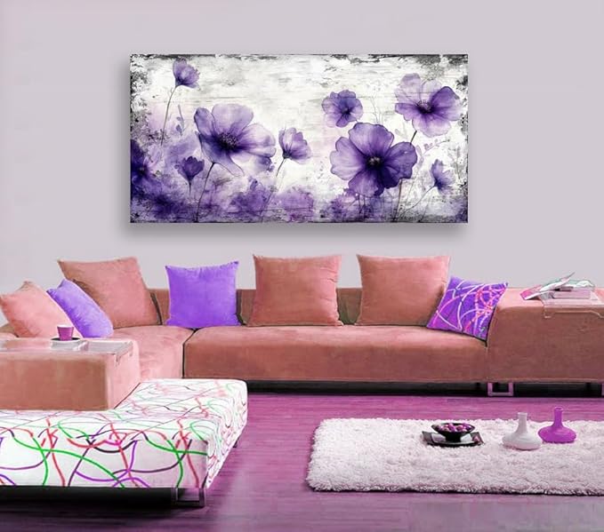 JLXART Canvas Wall Art for Living Room Decor Purple Floral Picture Modern Watercolor Poppy Painting Artwork Home Decor Framed Wall Decor Small Size 20 x 40 in Ready to Hang