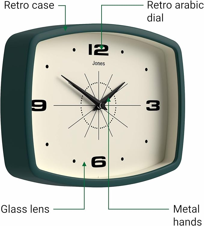 JONES CLOCKS® Movie wall Clock | Retro Rectangular Clock | 10 inch | Dark Green | Cool mid-Century Designer Look for Kitchen, Living Room or Office