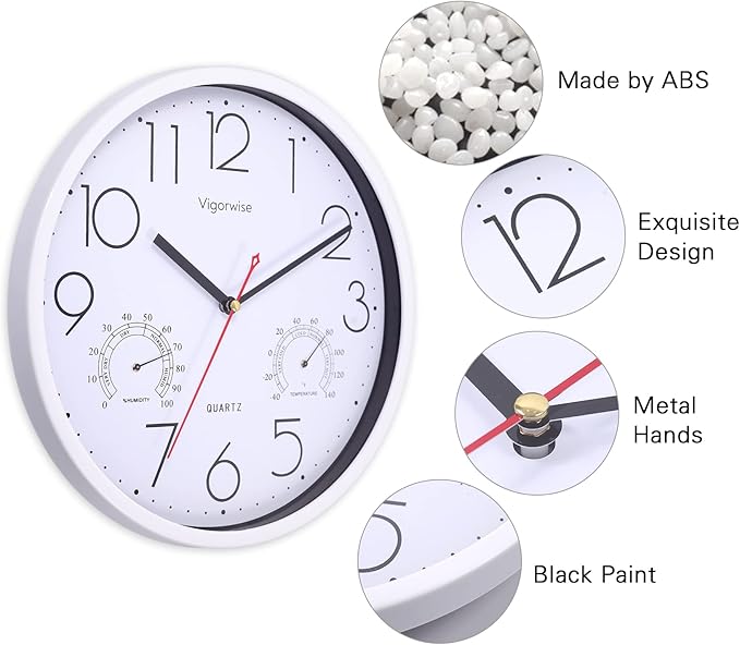 Wall Clock, Sweep Silent Movement Accurate Clocks with Temperature & Humidity, Decorative for Kitchen/Living Room/Bedroom/Office/School/Classroom (White, 12 inch)