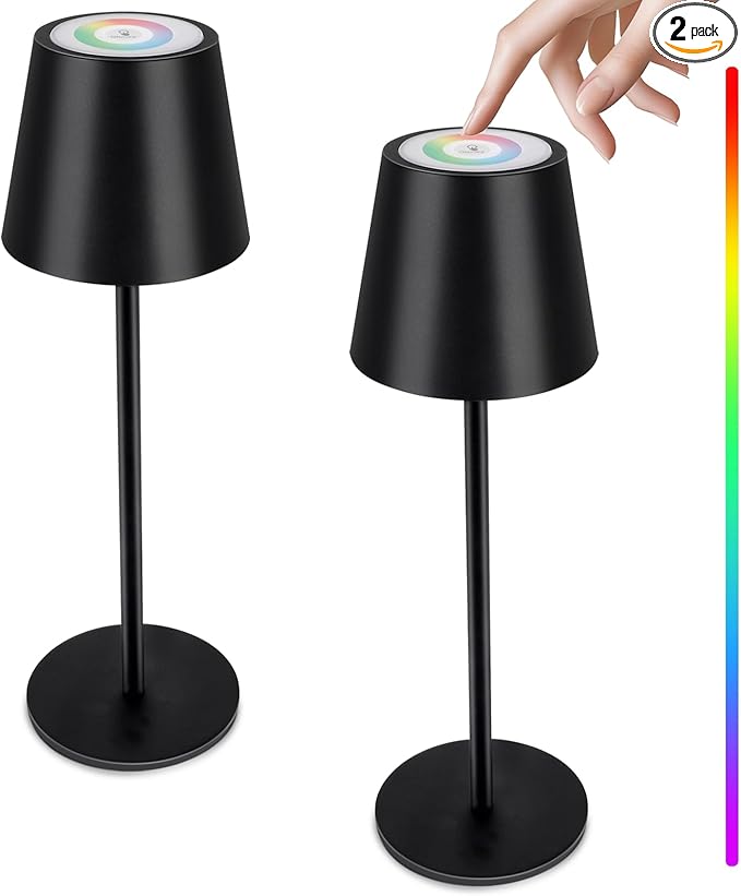 Energetic RGBW Cordless Table Lamp, LED Touch Desk Lamp Battery Powered, Dimmable, Type-C Charger, 3000K, for Restaurant/Bedroom/Bars/Party/Camping, Outdoor & Indoor, Water Resistance, Metal, 2 Pack