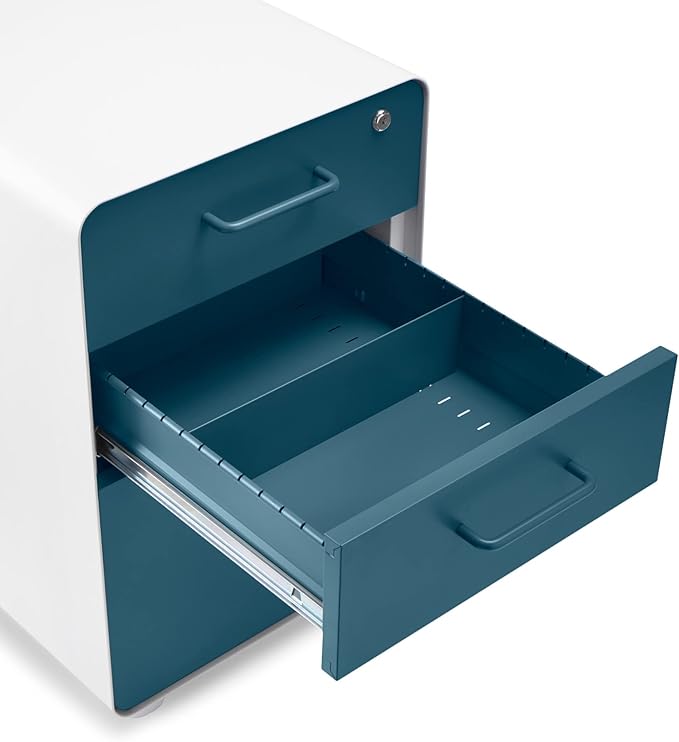 Poppin Stow 3-Drawer Rolling File Cabinet - White & Slate Blue. Utility & Hanging File Drawers. Locking & Non-Locking Wheels. Powder-Coated Steel. Two Keys Included