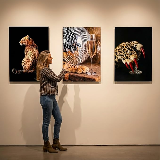 SOUHLP 3Pcs Leopard Canvas Wall Art Elegant Leopard Prints Artwork Modern Disco Ball and Claw Wall Decor for Living Room Bedroom Girls Bedroom Office Home Decoration 12x16in