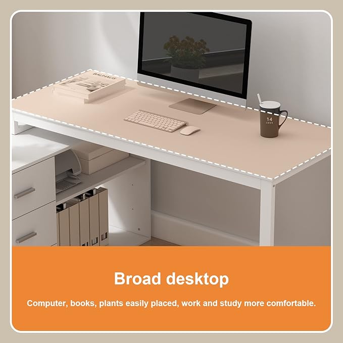 FUFU&GAGA 55.1" Large L-Shaped Office Desk with 39" File Cabinet, Corner Computer Desk with 3 Drawers & 2 Shelves, Workstation Executive Desk with Storage Shelf for Home Office (White)