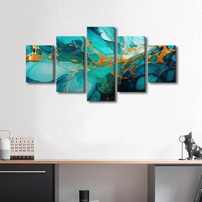 Abstract Canvas Wall Art Decor for Bedroom Modern Living Room Wall Art Abstract Seawater and Sediment Painting Artwork 5 Panel wall art for Office Decor Stretched and Framed Ready to Hang 60x32 in