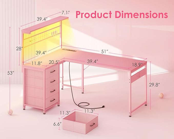 MOTPK 51” Large L Shaped Gaming Desk, Corner Computer Table with Shelf & Hutch, 4 Drawers, Reversible Study Desk with LED Light, Power Outlets & USB Ports, Home Office Table, Carbon Fiber Pink