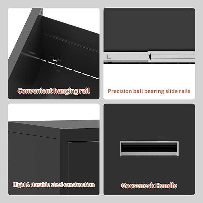 3 Drawer Metal File Cabinet with Lock,Black Steel Filing Cabinets for Home Office Heavy Duty Locking Vertical File Cabinet Storage Cabinet for Legal/Letter Size File,Assembly Required