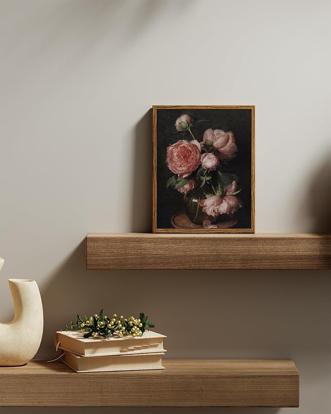 InSimSea Framed Canvas Prints Art Vintage Decor, Flower Pictures Decor Aesthetic, Small Desk Shelf Decorations, Rose Floral Paintings For Bedroom Bedroom Office, 8"x10"