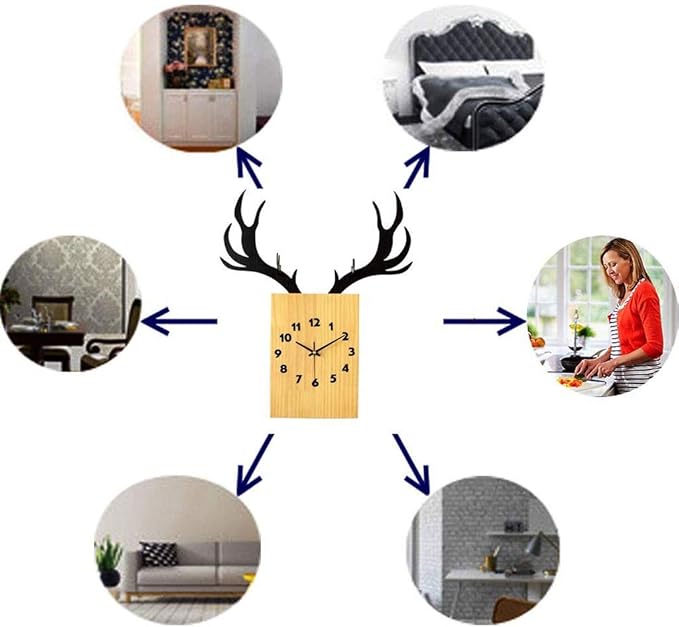 Wall Clock Deer Head Wall Clock, Silent Wooden Wall Clocks with Roman Numeral, for LivingRoom/Kitchen/Bedroom/Office/Lounge, Decorative Wall Clock Clock