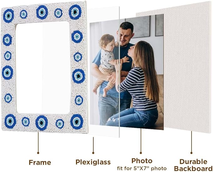 Folkulture Picture Frame for Wall or Tabletop | Evil Eye 5x7 Aesthetic, Cute, Protective Evil Eye Design Photo Frame| Vertical & Horizontal Display | Handmade Housewarming Gifts