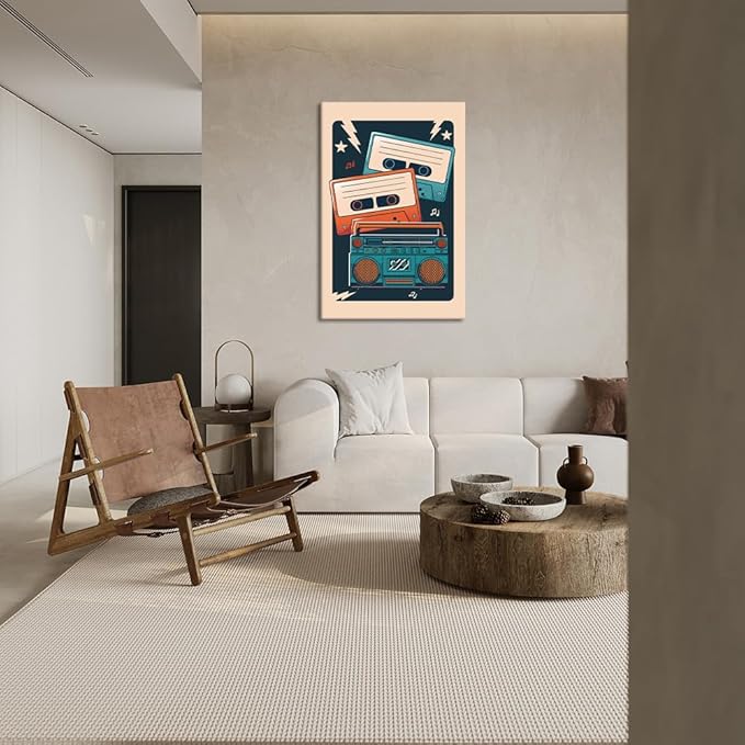 Vintage Music Canvas Wall Art - Retro Cassette Player Painting Mid Century Prints Poster Musical Artwork Pictures Wall Decor for Living Room Room Studio Bedroom Home, Framed & Stretched 24" x 36"