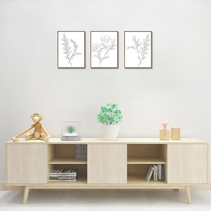 KISSFOX 3 Piece Framed Wall Art Botanical Wall Decor Floral Pictures Wildflower Canvas Art Black White Line Paintings Minimalist Boho Artwork For Bedroom Living Room Bathroom