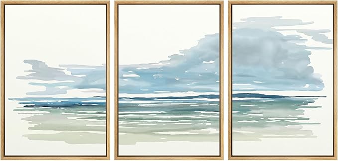 SIGNWIN Framed Canvas Print Wall Art Set Coastal Horizon Watercolor Blue and Green Abstract Ocean Illustrations Modern Art Decorative Abstract for Living Room, Bedroom, Office - 16"x24"x3 Natural