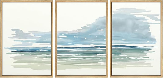 SIGNWIN Framed Canvas Print Wall Art Set Coastal Horizon Watercolor Blue and Green Abstract Ocean Illustrations Modern Art Decorative Abstract for Living Room, Bedroom, Office - 16"x24"x3 Natural