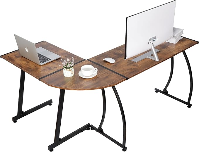 SUPER DEAL L-Shaped Corner Desk Computer Gaming Desk - 58 Inch Modern Home PC Table Office Writing Workstation, Rustic Brown