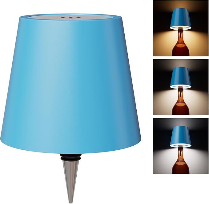 Wireless Bottle Lamp, Rechargeable Stepless Dimming LED Wine Bottle Lights with 3 Color Temperatures for Desk or Bar - Blue