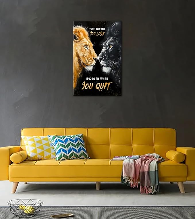 Inspirational Animal Wall Art - Black & Gold Lion Wall Decor Motivational Office Canvas Print Positive Quotes Poster Inspiring Sayings Artwork Modern Picture Framed for Home Workplace (28" W x 44" H)