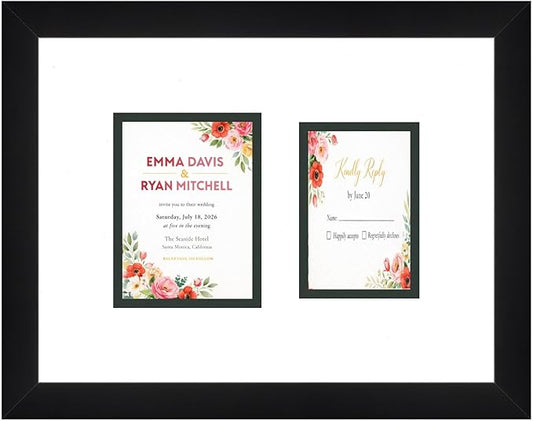 Invitation and RSVP Card Frame Black Double Mat White Over Black Ceremony Keepsake Display Made in the USA