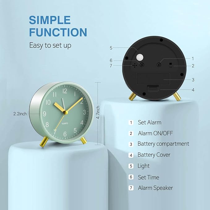 Analog Alarm Clock, Super Silent Non Ticking with Night Light, Battery Operated, Bedroom Clock,Fashionable Round Metal Alarm Clock for Office, Elderly, Adults, Children, School Gift