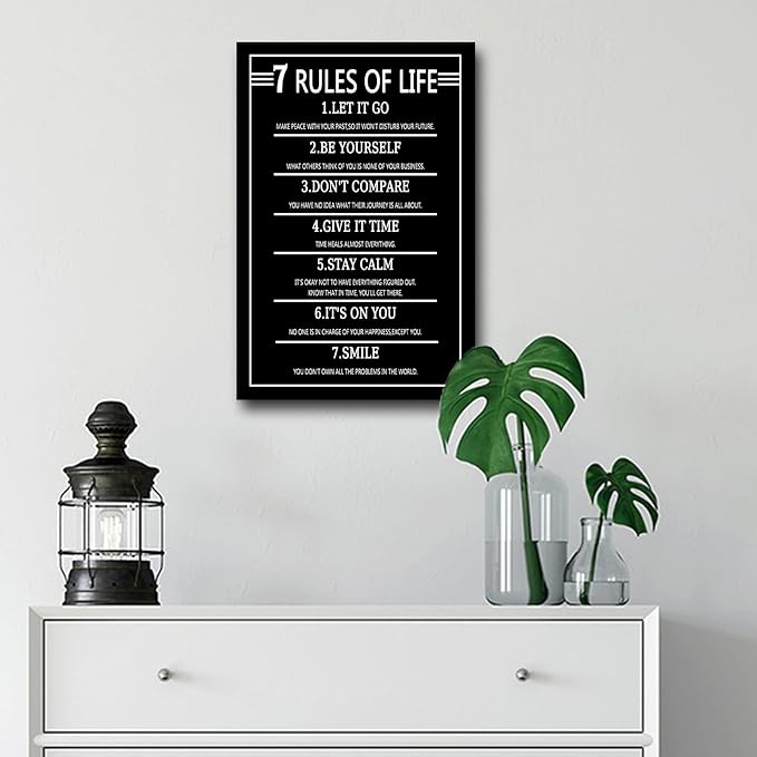 Inspirational Canvas Wall Art Picture Painting 7 Rules of Life Motivational Positive Quotes Poster Print Wall Decor Artwork for Modern Home Bedroom Living Room Gym Stretched and Framed [12''Wx18''H]