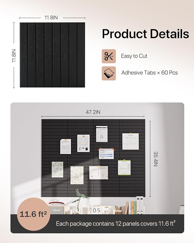 Soundsbay Large Cork Board Alternative, 47"x35" Felt Bulletin Board Tiles, 12-Pack Office Wall Organizer, 60 Adhesive Tabs, Vision Board Message Board for Office Decor, Room Decor