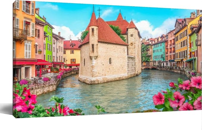Annecy old town cityscape France Canvas Wall Art Large Framed Prints Pictures Wall Decor Posters Painting Artwork for Living Room Bedroom Kitchen Bathroom 12x24