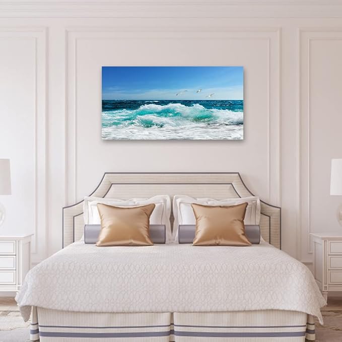 Ocean Waves Canvas Wall Art for Living Room Wall Decor Summer Beach Canvas Pictures Blue Surfing Water Birds on Sea Canvas Prints Artwork Office Home Wall Decorations Framed Ready to Hang 20" x 40"