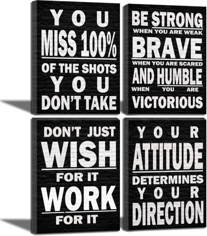 Deergar 4pcs 12x16 inches Black and White Inspirational Wall Art, Modern Art Deco, Motivation Quotes, Office Art, Positive Poster, Wooden Wall Mount, 4 count