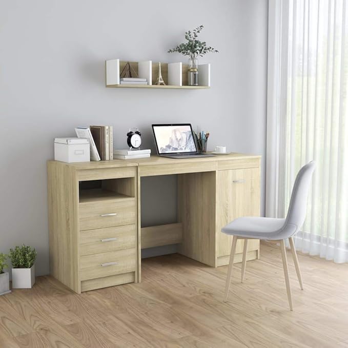 Modern Writing Computer Desk with 3 Drawers and 1 Door, Home Office Desk Writing Study Table PC Desk Workstation for Bedroom, Sonoma Oak 55.1"x19.7"x29.9" Engineered Wood(H)