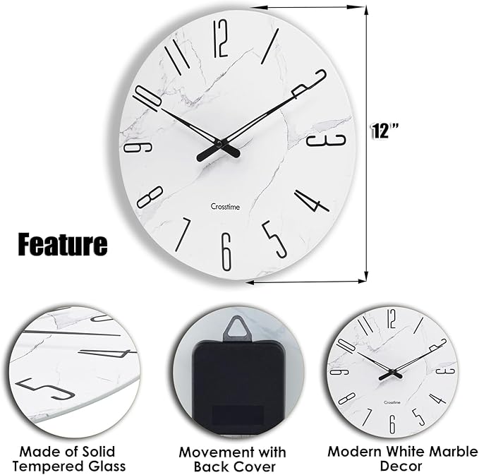 Wall Clock White Marble Theme Modern Decorative Waterproof Glass Clock for Bathroom Kitchen Home, 12 Inch Battery Operated