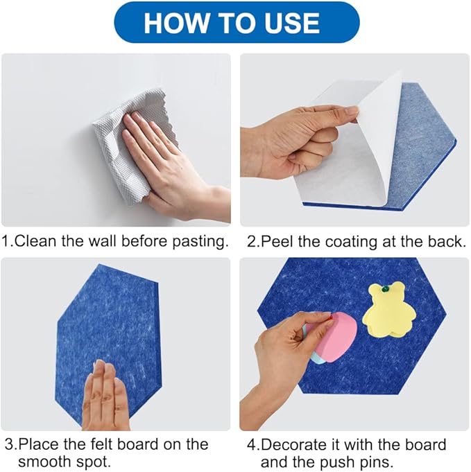 Vuzvuv 6 Pcs Hexagon Bulletin Board with 50 Pushpins & Sticky Note Adhesive Cork Board for Wall，Felt Pin Board for School，Office Decor（Blue）