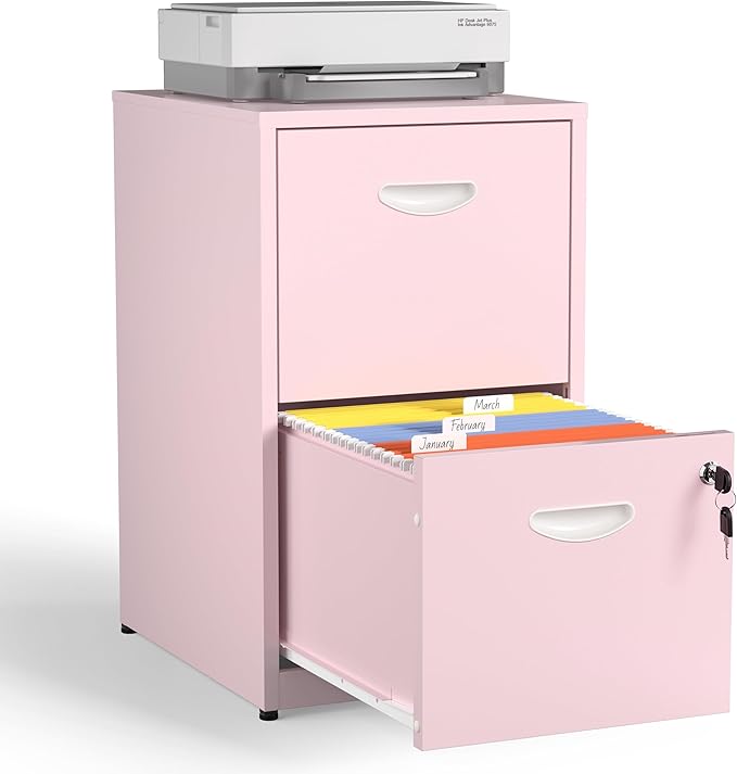 2 Drawer File Cabinet with Lock,Pink Metal Filing Cabinets,Vertical Locking File Cabinet Fit Hanging Files, Letter,File Box and A4 Documents(Pink)